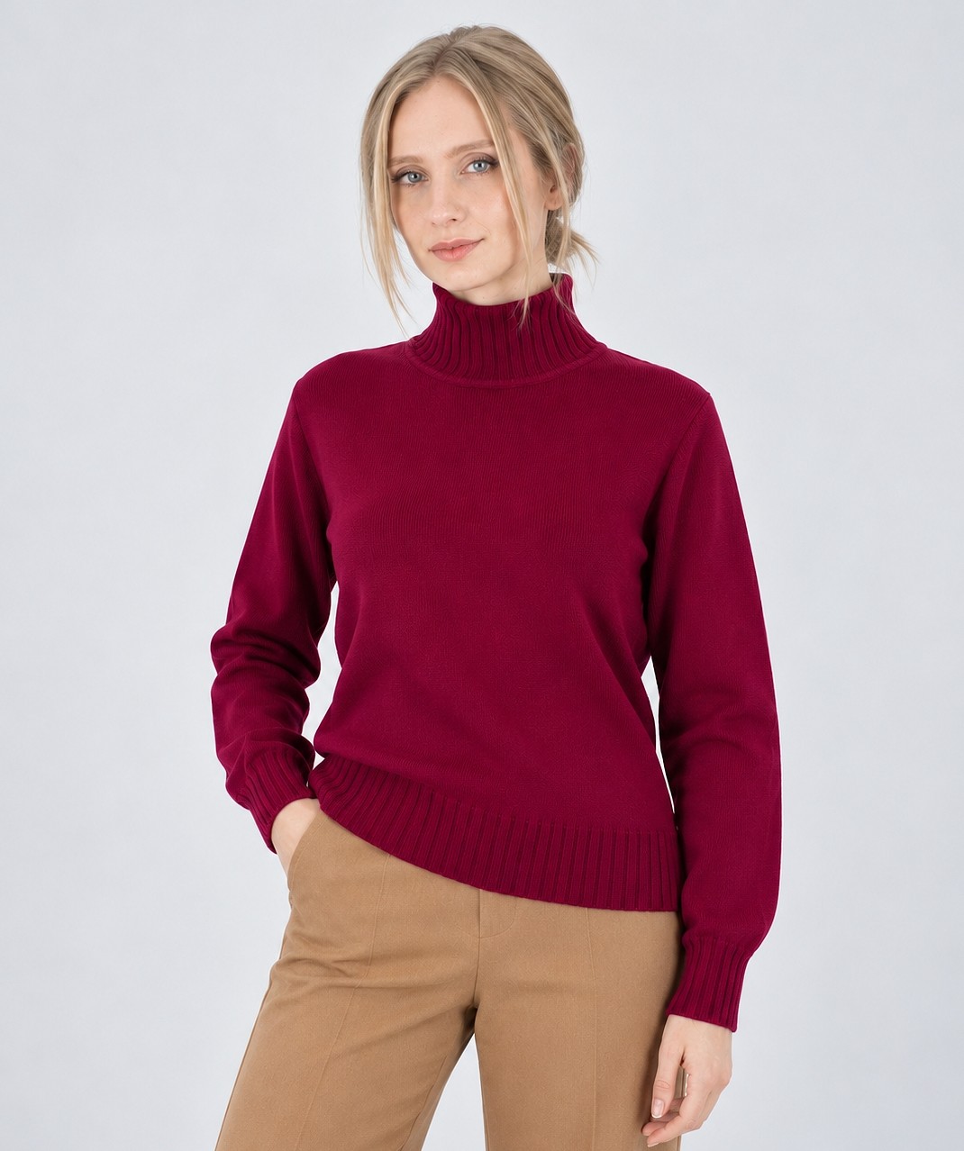 Pulover burgundy din lână guler înalt